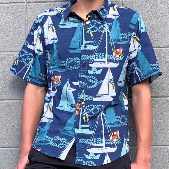 Maryland Nautical Sailboat Seaborn Hawaiian Style Dress Shirt - NEW Fast Ship - Picture 1 of 4